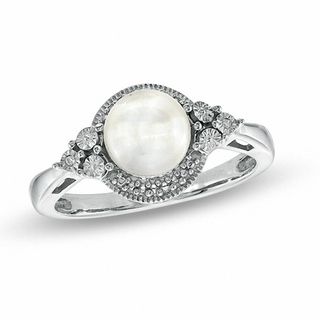 7 - 7.25mm Freshwater Cultured Pearl and Diamond Accent Ring in Sterling Silver - Size 7