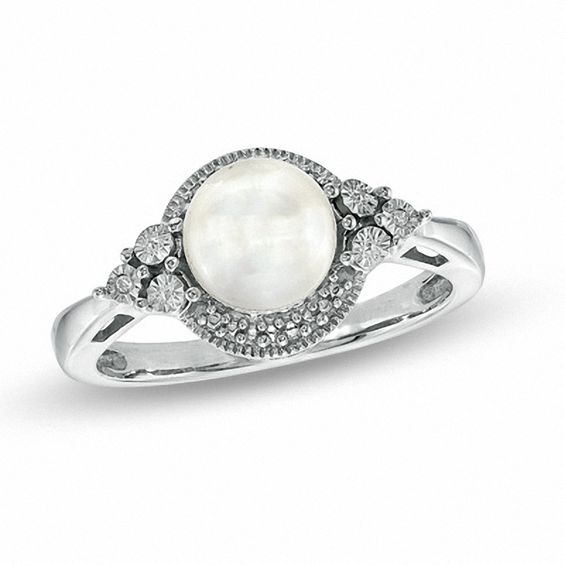 7 - 7.25mm Freshwater Cultured Pearl and Diamond Accent Ring in Sterling Silver - Size 7