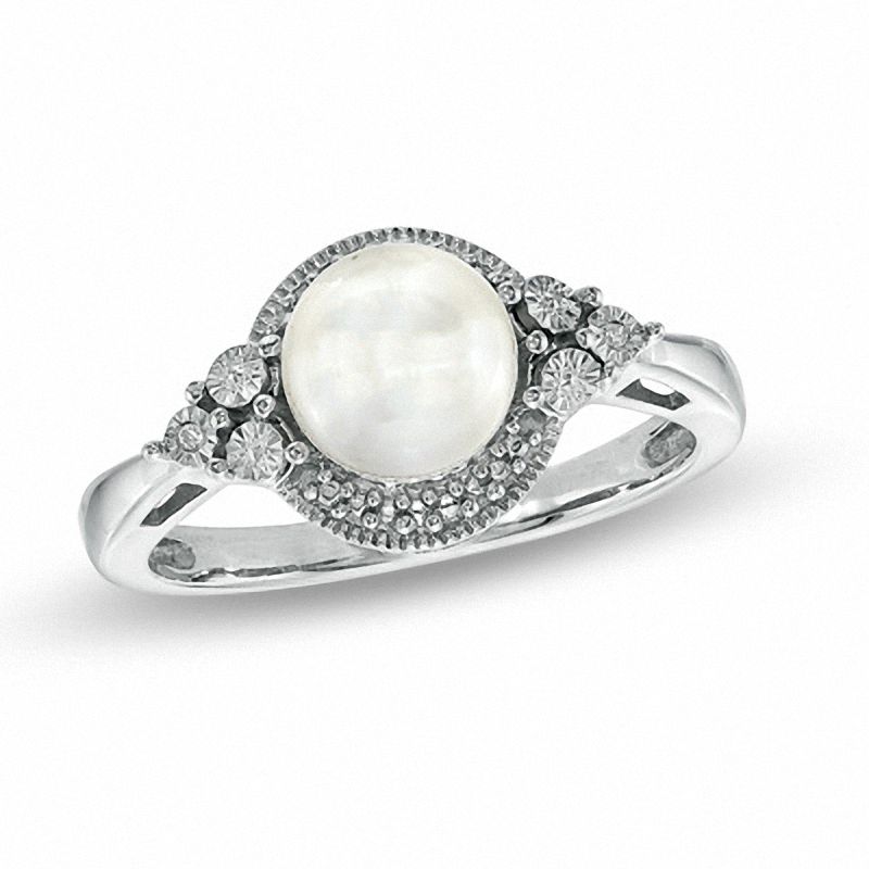 7 - 7.25mm Cultured Freshwater Pearl and Diamond Accent Ring in Sterling Silver - Size 7