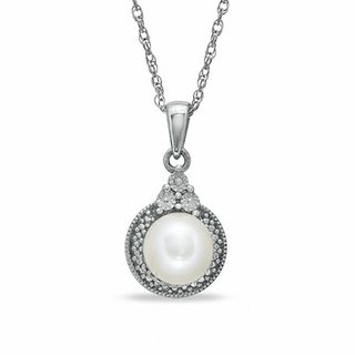 7 - 7.25mm Freshwater Cultured Pearl and Diamond Accent Pendant in Sterling Silver