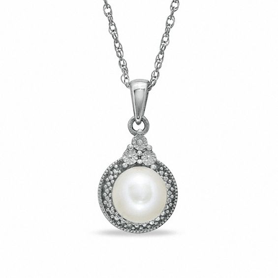 7 - 7.25mm Freshwater Cultured Pearl and Diamond Accent Pendant in Sterling Silver