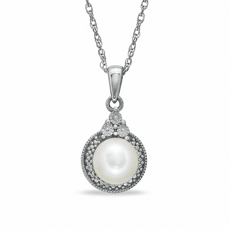Main Image 1 of 7 - 7.25mm Freshwater Cultured Pearl and Diamond Accent Pendant in Sterling Silver