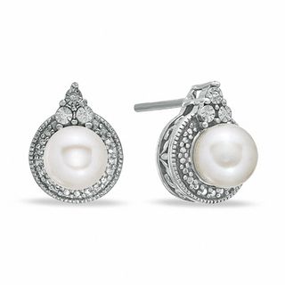 5 - 5.5mm Freshwater Cultured Pearl and Diamond Accent Earrings in Sterling Silver