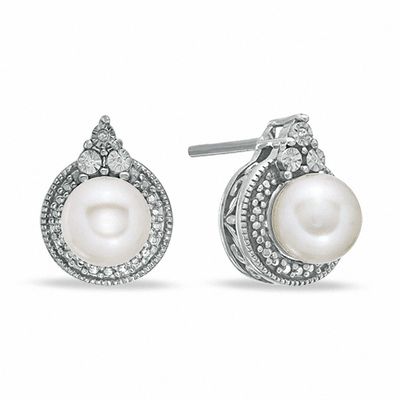 5 - 5.5mm Freshwater Cultured Pearl and Diamond Accent Earrings in Sterling Silver