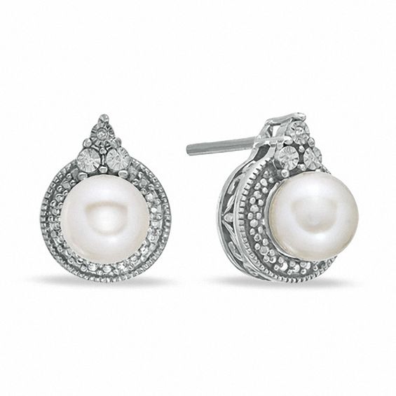 5 - 5.5mm Freshwater Cultured Pearl and Diamond Accent Earrings in Sterling Silver