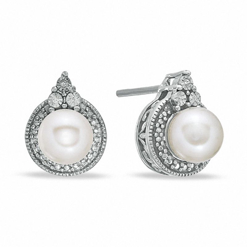 5 - 5.5mm Cultured Freshwater Pearl and Diamond Accent Earrings in Sterling Silver