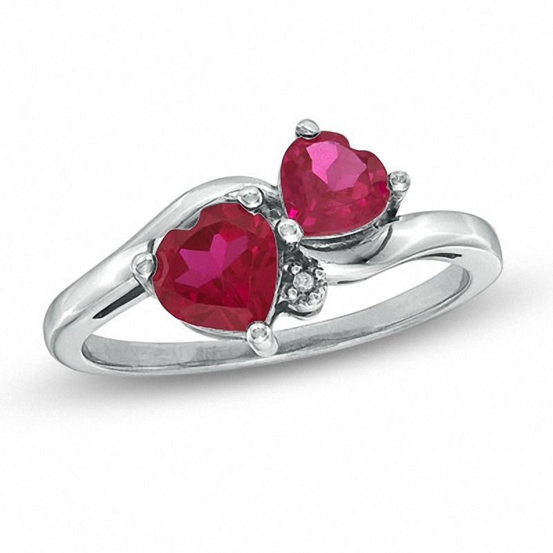 Double Heart-Shaped Lab-Created Ruby and Diamond Accent Ring in Sterling Silver - Size 7