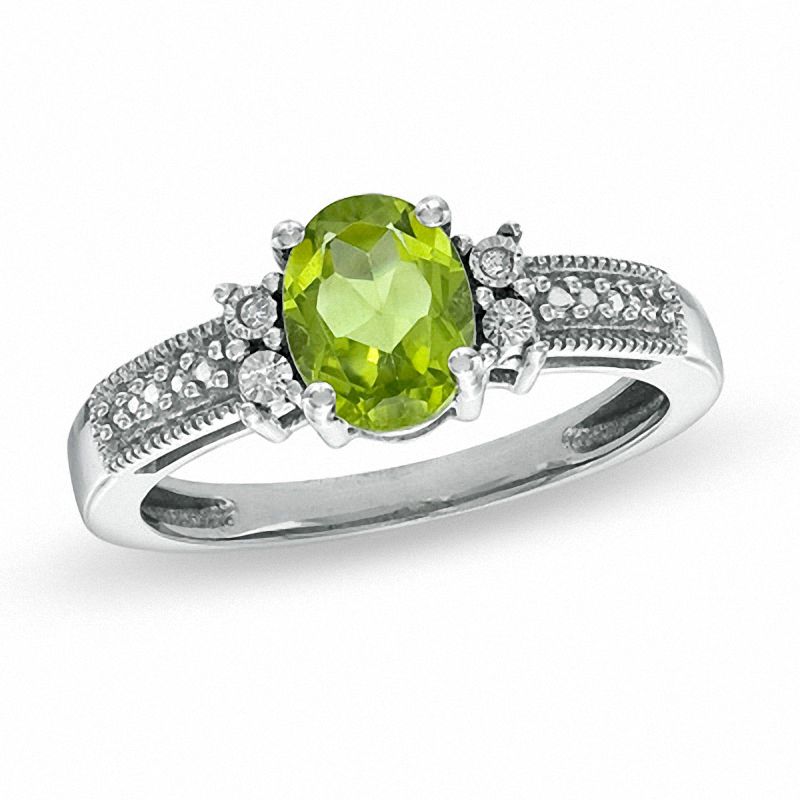 Oval Peridot and Diamond Accent Ring in Sterling Silver - Size 7