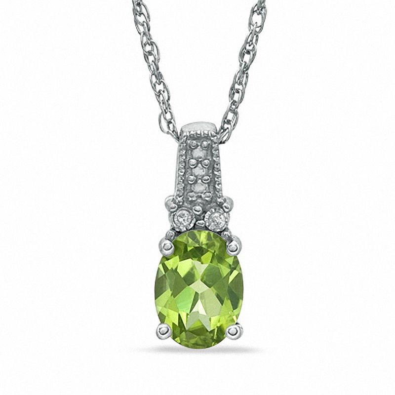 Main Image 1 of Oval Peridot and Diamond Accent Pendant in Sterling Silver
