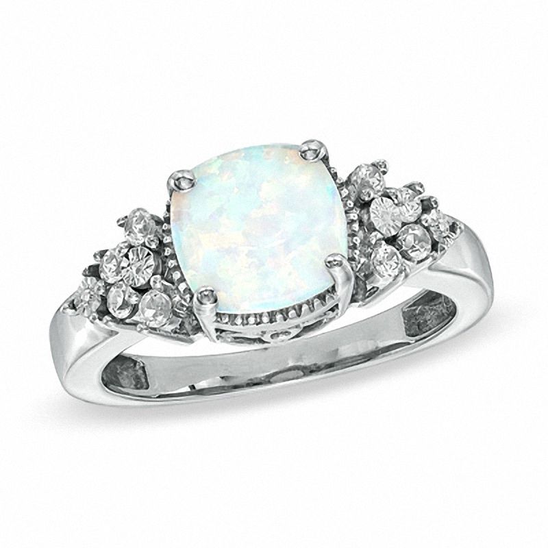 Main Image 1 of 8mm Cushion-Cut Lab-Created Opal, White Sapphire and Diamond Accent Ring in Sterling Silver - Size 7