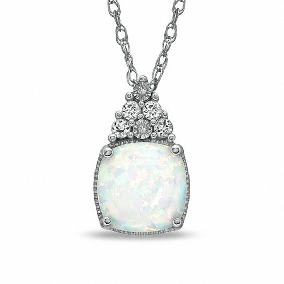 8mm Cushion-Cut Lab-Created Opal, White Sapphire and Diamond Accent Pendant in Sterling Silver