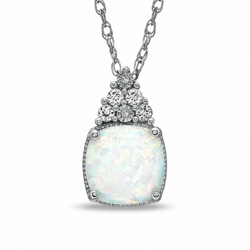 Main Image 1 of 8mm Cushion-Cut Lab-Created Opal, White Sapphire and Diamond Accent Pendant in Sterling Silver