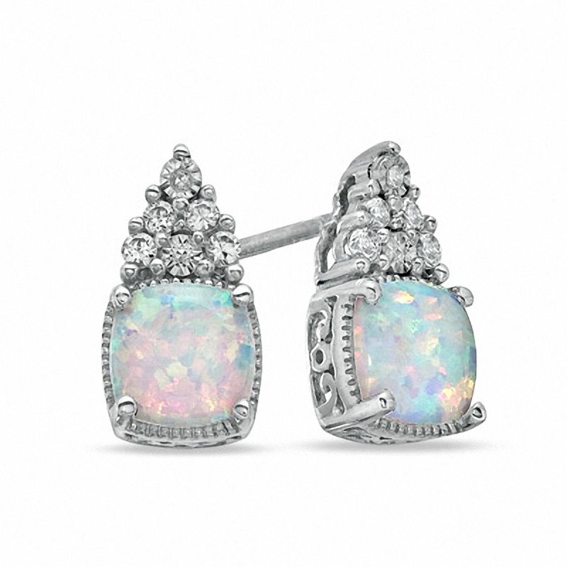 6mm Cushion-Cut Lab-Created Opal, White Sapphire and Diamond Accent Earrings in Sterling Silver