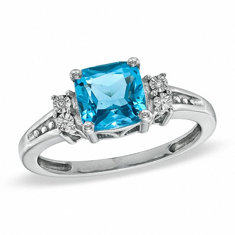 Main Image 1 of 7mm Cushion-Cut Blue Topaz and Diamond Accent Ring in Sterling Silver - Size 7