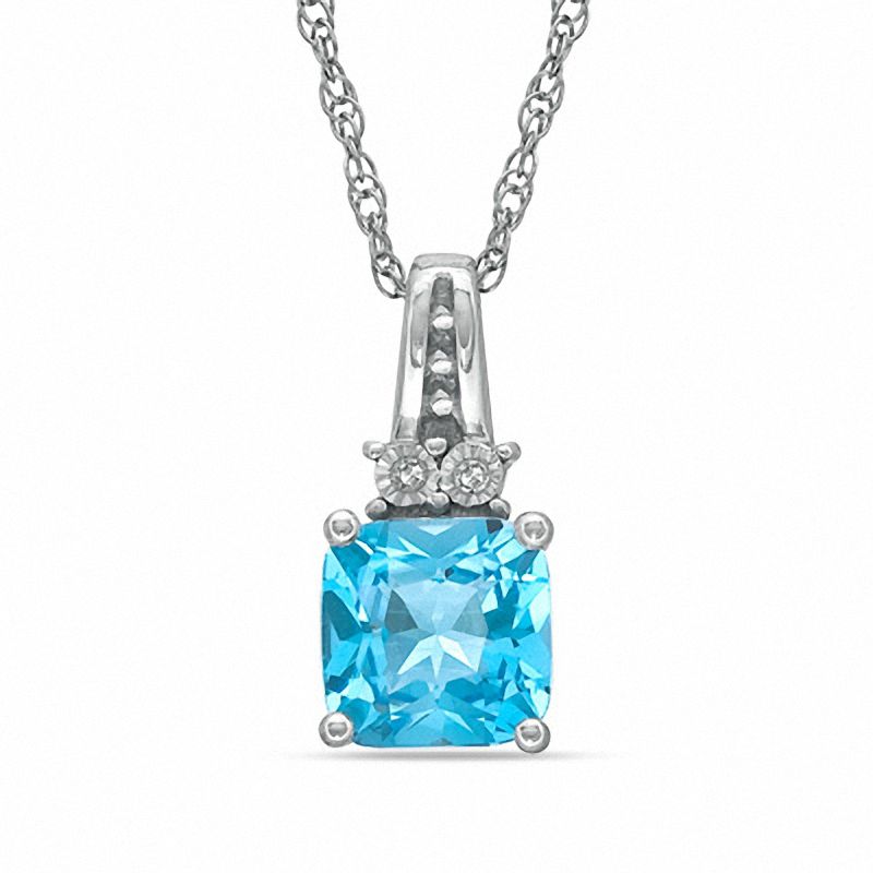 Main Image 1 of 7mm Cushion-Cut Blue Topaz and Diamond Accent Pendant in Sterling Silver