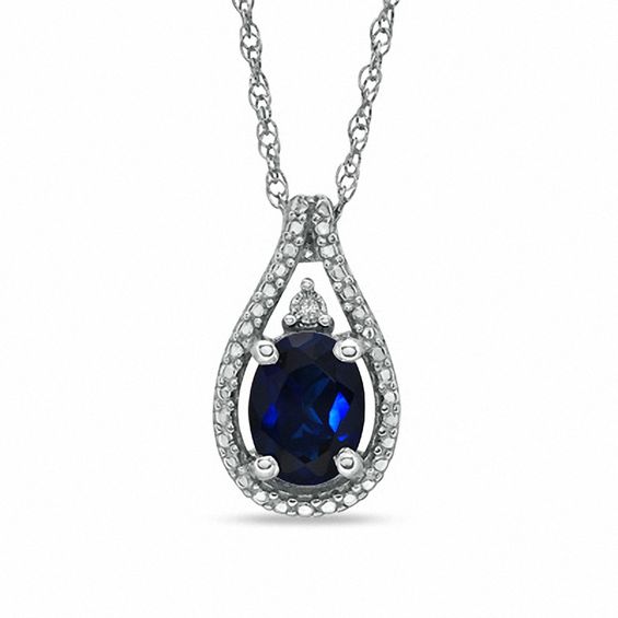 Oval Lab-Created Sapphire and Diamond Accent Pendant in Sterling Silver
