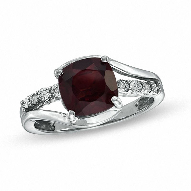 Main Image 1 of 8mm Cushion-Cut Garnet and Diamond Accent Ring in Sterling Silver - Size 7