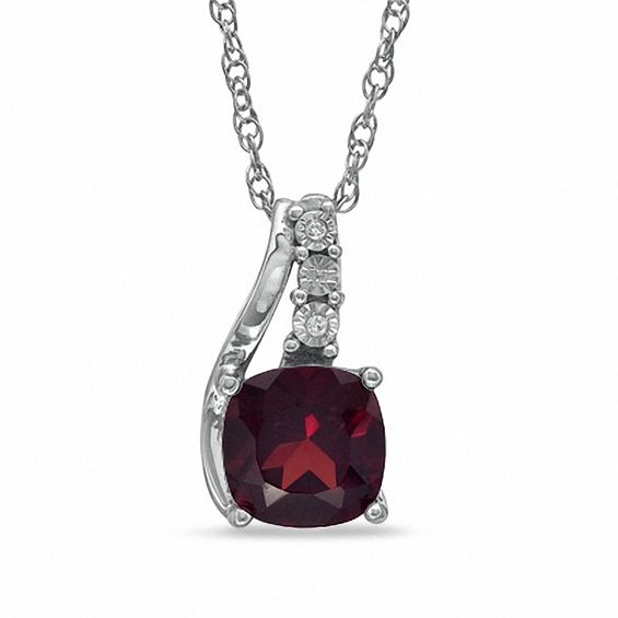 7mm Cushion-Cut Garnet and Diamond Accent Pendant in Sterling Silver