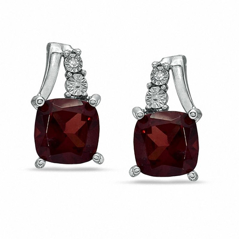6mm Cushion-Cut Garnet and Diamond Accent Earrings in Sterling Silver