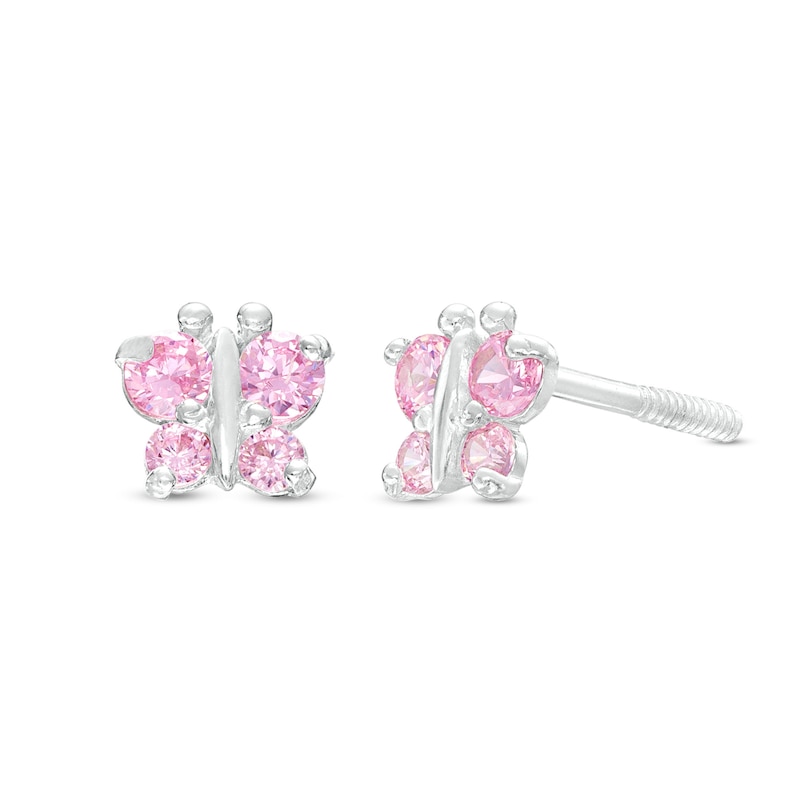 Child's Pink Cubic Zirconia Butterfly Stud Earrings in 10K White Gold