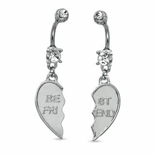 014 Gauge Cubic Zirconia Breakable "Friend" Heart Belly Button Ring Set in Stainless Steel