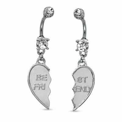 014 Gauge Cubic Zirconia Breakable "Friend" Heart Belly Button Ring Set in Stainless Steel