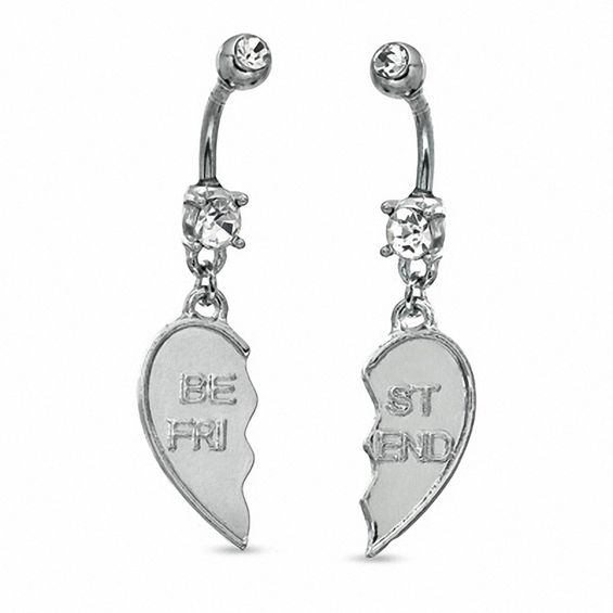 014 Gauge Cubic Zirconia Breakable "Friend" Heart Belly Button Ring Set in Stainless Steel