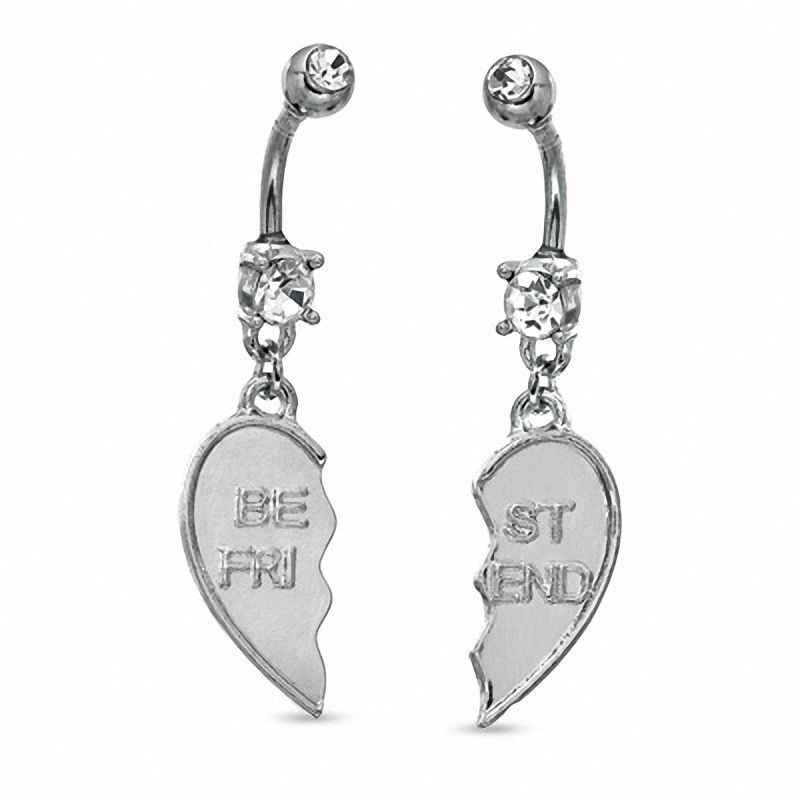 014 Gauge Cubic Zirconia Breakable "Friend" Heart Belly Button Ring Set in Stainless Steel
