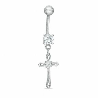 014 Gauge Cubic Zirconia Cross Dangle Belly Button Ring in Stainless Steel