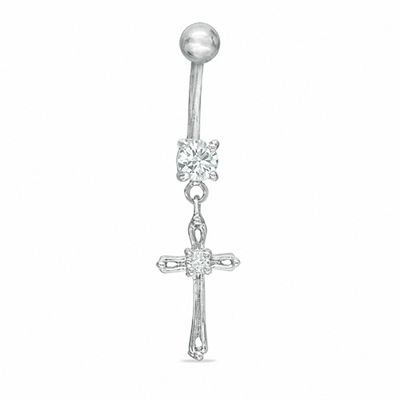 014 Gauge Cubic Zirconia Cross Dangle Belly Button Ring in Stainless Steel