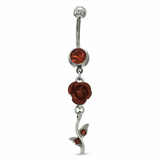 014 Gauge Rose Dangle Belly Button Ring with Red Crystals in Stainless Steel - 3/8"