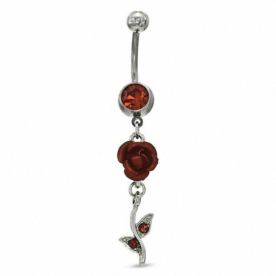 014 Gauge Rose Dangle Belly Button Ring with Red Crystals in Stainless Steel - 3/8"