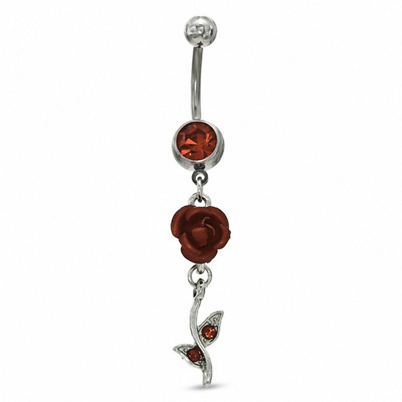 Main Image 1 of 014 Gauge Rose Dangle Belly Button Ring with Red Crystals in Stainless Steel - 3/8"