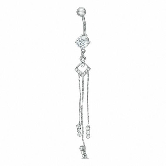 014 Gauge Dangle Belly Button Ring with Cubic Zirconia and Crystals in Stainless Steel