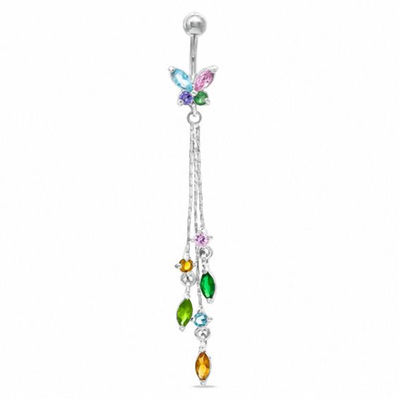 014 Gauge Butterfly Belly Button Ring with Multi-Colored Cubic Zirconia in Stainless Steel