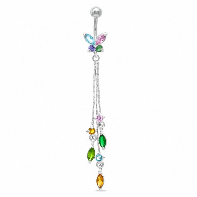 014 Gauge Butterfly Belly Button Ring with Multi-Colored Cubic Zirconia in Stainless Steel