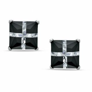 8.0mm Princess-Cut Black and White Cubic Zirconia "X" Stud Earrings in Sterling Silver