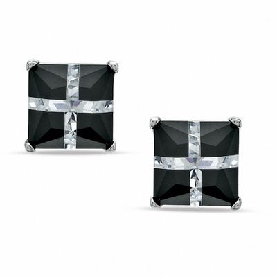8.0mm Princess-Cut Black and White Cubic Zirconia "X" Stud Earrings in Sterling Silver