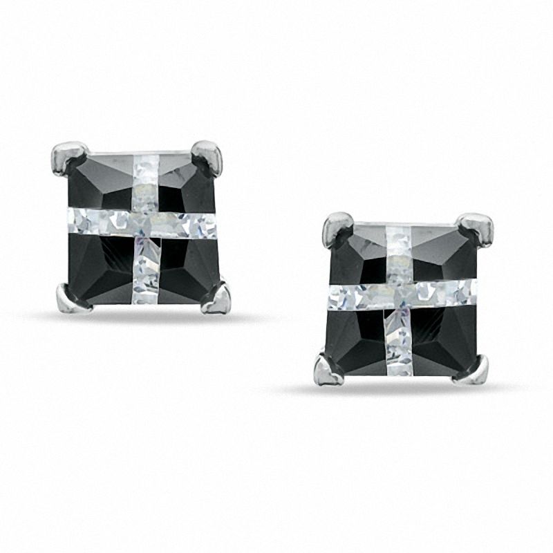 5.0mm Princess-Cut Black and White Cubic Zirconia "X" Stud Earrings in Sterling Silver