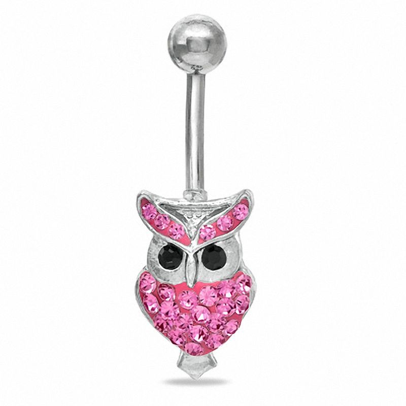 014 Gauge Owl Belly Button Ring with Pink Crystals in Stainless Steel