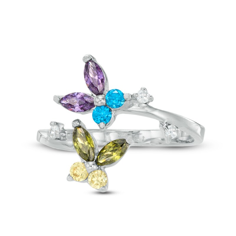 Multi-Color Cubic Zirconia Double Butterfly Bypass Toe Ring in Sterling Silver