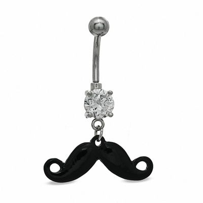 014 Gauge Mustache Belly Button Ring with Cubic Zirconia in Stainless Steel