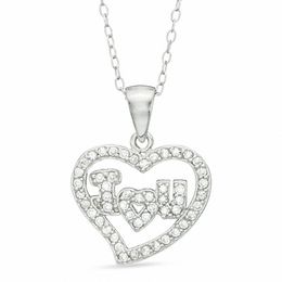 Cubic Zirconia Heart Pendant with &quot;I Heart U&quot; in Sterling Silver