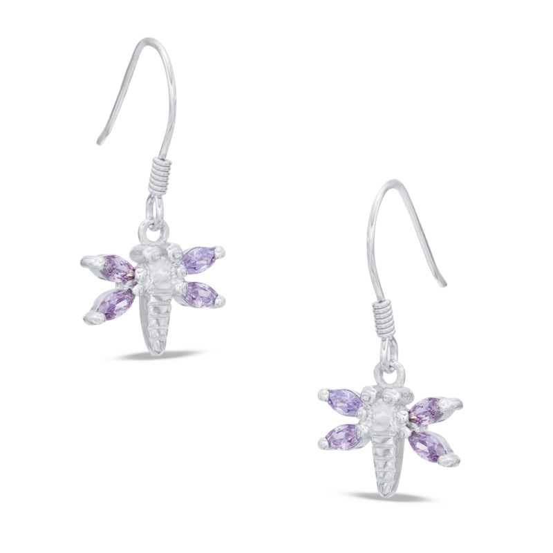 Marquise Purple Cubic Zirconia Dragonfly Drop Earrings in Sterling Silver