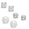 5mm Cultured Freshwater Pearl, 4mm Cubic Zirconia and Ball Stud Earrings Set in Sterling Silver