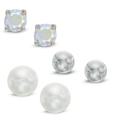 5mm Freshwater Cultured Pearl, 4mm Cubic Zirconia and Ball Stud Earrings Set in Sterling Silver