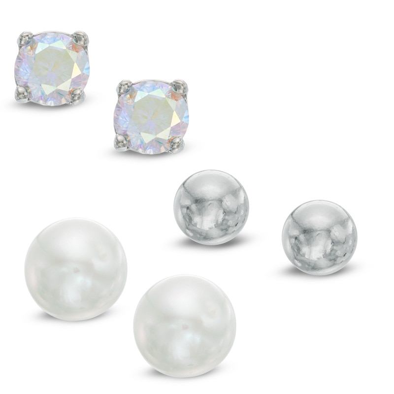 5mm Freshwater Cultured Pearl, 4mm Cubic Zirconia and Ball Stud Earrings Set in Sterling Silver