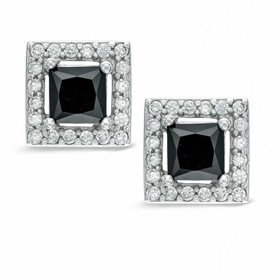 and White Cubic Zirconia Square Frame Stud Earrings in Sterling Silver