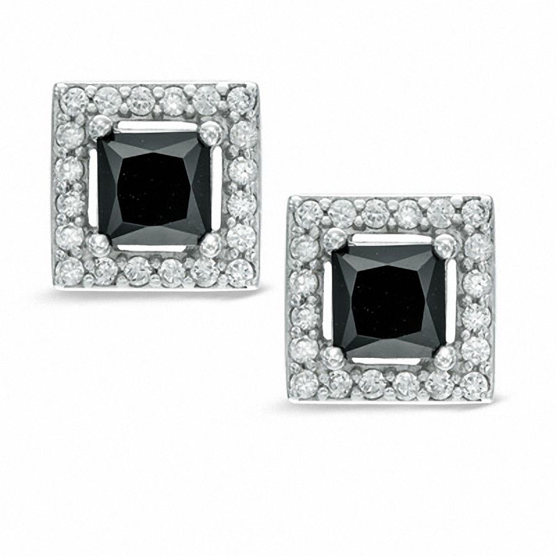 Black and White Cubic Zirconia Square Frame Stud Earrings in Sterling Silver