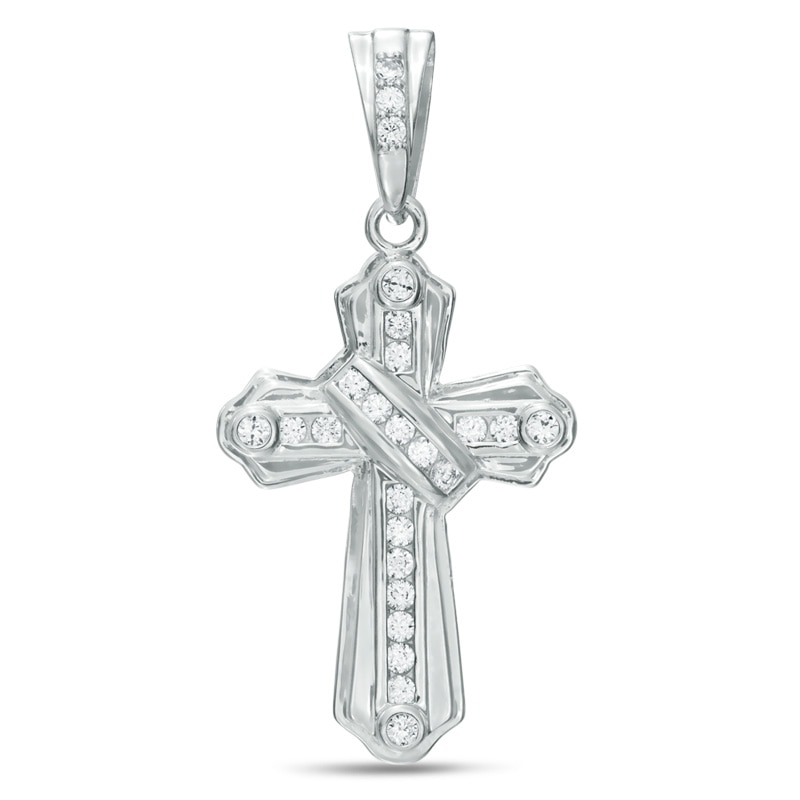 Cubic Zirconia Ribbon Cross Charm in Sterling Silver